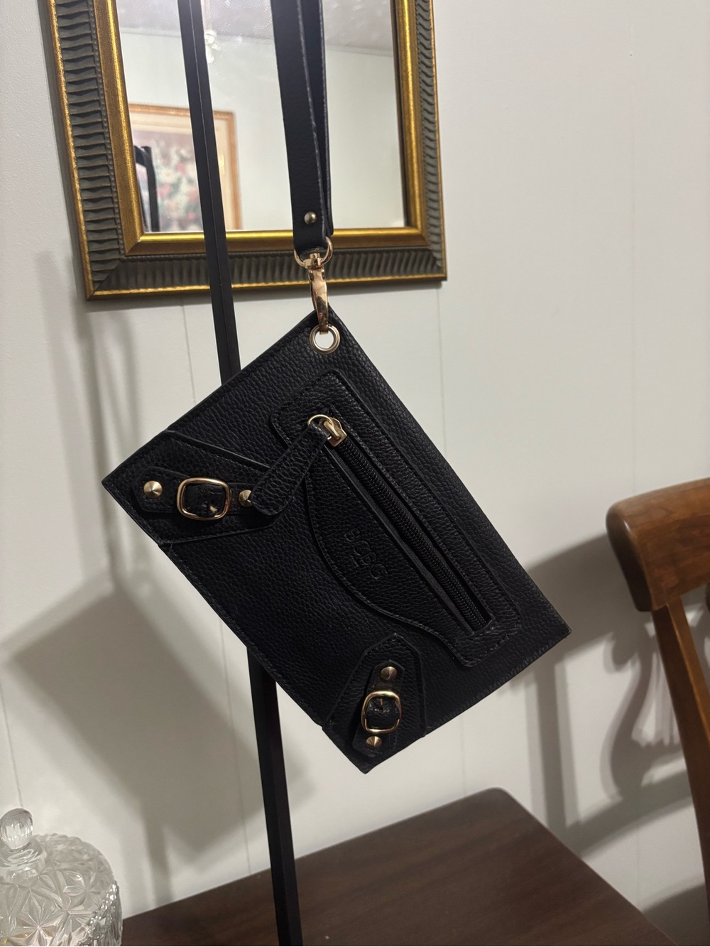 BCBG Black faux Leather Wristlet with Gold Hardware
